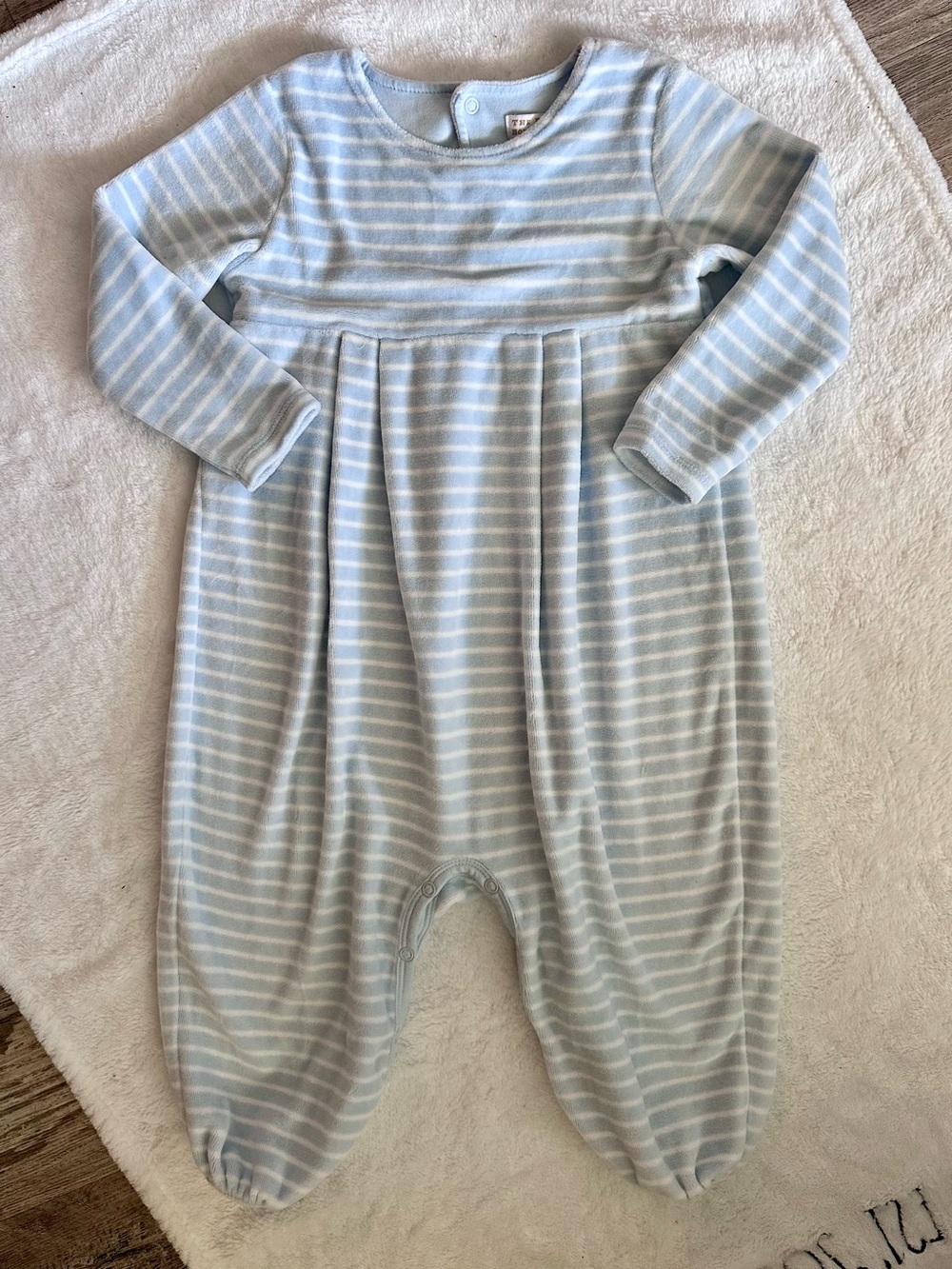 The Beaufort Bonnet Company Light Blue & White Striped Footed One-Piece